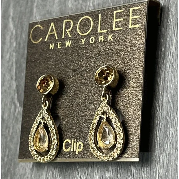 CAROLEE NEW YORK Gold Tone Champagne Crystal Dangle Clip-On Earrings Fashion - Picture 3 of 7